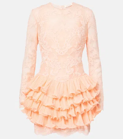 Zimmermann Crush Lace Frill Sleeved Mini Dress In Pink