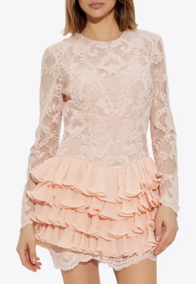 Zimmermann Crush Lace Frill Sleeved Mini Dress In Pink