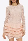 Zimmermann Crush Lace Frill Sleeved Mini Dress In Pink