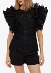 Zimmermann Crush Ruffled Plissé-tulle And Corded Lace Top In Black