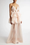 Zimmermann Linen And Silk Long Dress With Embroidered Flounces In Pale Pink