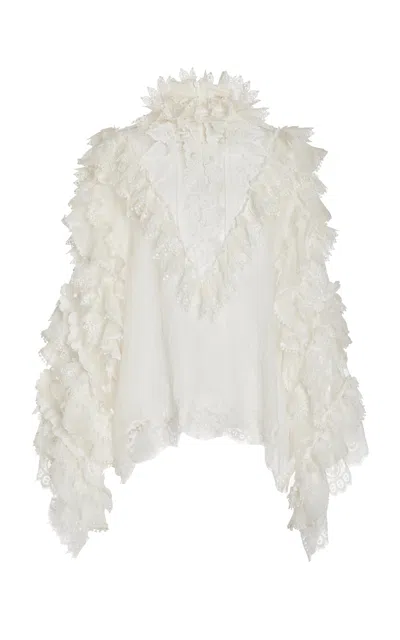 ZIMMERMANN CRUSH LACE-TRIMMED RUFFLE LINEN-SILK TOP