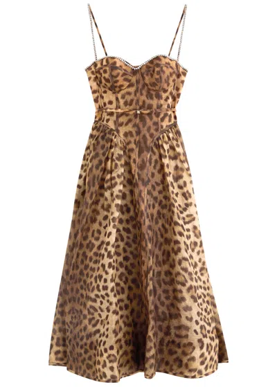 Zimmermann Crush Leopard-print Linen-blend Midi Dress In Multi Animal