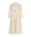 Zimmermann Red Floral Linen Midi Dress With Ruffled Sleeves In Nude