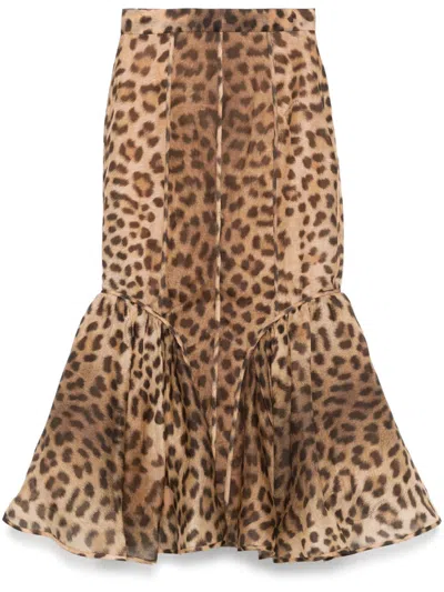 Zimmermann Crush Flared Animal-print Linen-silk Midi Skirt In Brown