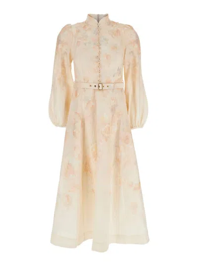 Zimmermann 'crush' Multicolor Midi Dress With Puffed Sleeves And Adjustable And Removable Belt