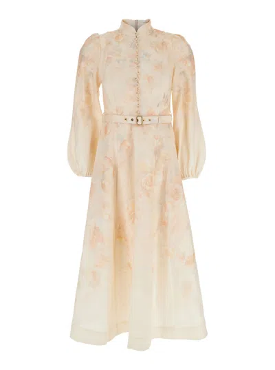 Zimmermann 'crush' Multicolor Midi Dress With Puffed Sleeves And Adjustable And Removable Belt In Li