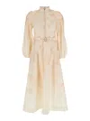 Zimmermann Crush Multicolor Midi Dress With Puffed Sleeves And Adjustable And Removable Belt In Linen Woman In Neutral