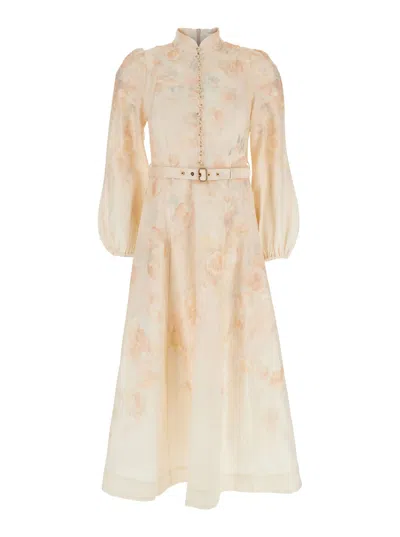 Zimmermann Crush Multicolor Midi Dress With Puffed Sleeves And Adjustable And Removable Belt In Linen Woman In Neutral