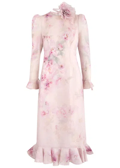 Zimmermann Crush Flower Midi Dress With Flower Brooch In Pink