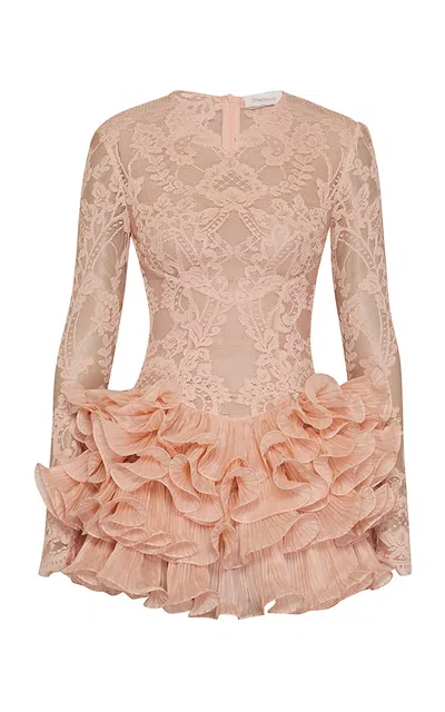 Zimmermann Crush Lace Frill Sleeved Mini Dress In Pink