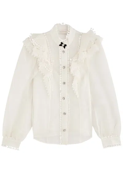 Zimmermann Crush Crystal-embellished Guipure Lace-trimmed Ruffled Linen And Silk-blend Organza Shirt In Cream