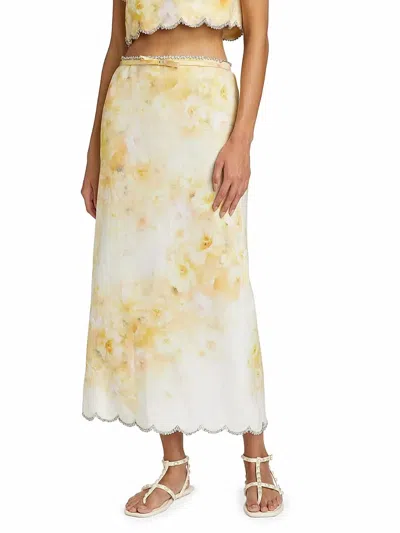 Zimmermann Crush Scalloped Midi Skirt In Yellow Floral In Multi