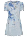 Zimmermann Crush Belted Crystal-embellished Scalloped Floral-print Linen Mini Dress In Blue