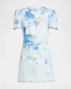 Zimmermann Crush Belted Crystal-embellished Scalloped Floral-print Linen Mini Dress In Blue Floral