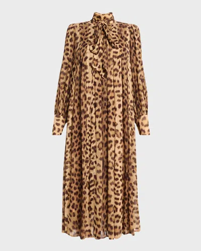 Zimmermann Crush Tie Neck Leopard Midi Dress In Brown