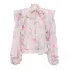 Zimmermann Crush Tie Neck Ruffle Blouse In Pink