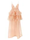 Zimmermann Linen And Silk Long Dress With Embroidered Flounces In Neutral