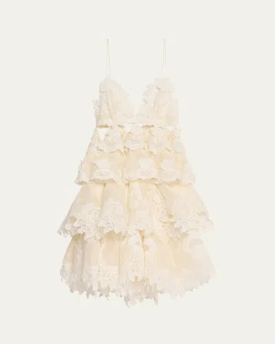 Zimmermann Crush Tiered Lace Mini Dress In Ivory