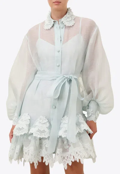 Zimmermann Crush Tiered Lace Mini Shirt Dress In Mint