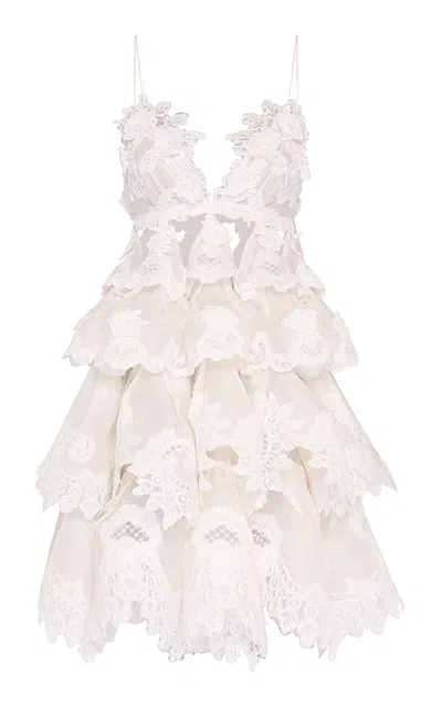 Zimmermann Crush Tiered Lace Mini Dress In Ivory