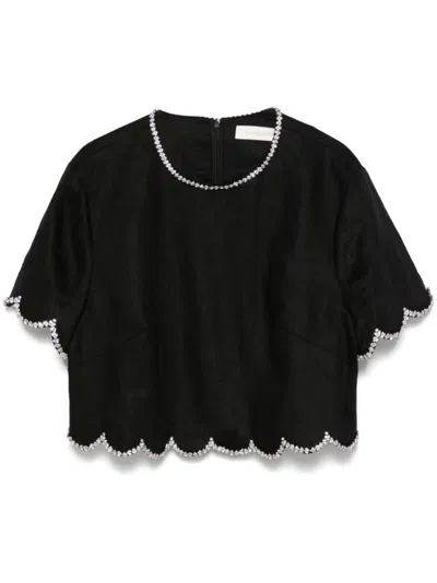 Zimmermann Crush Cropped Crystal-embellished Linen Top In Black