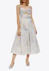 Zimmermann Crush Belted Twist-front Embellished Floral-print Linen And Silk-blend Organza Midi Dress In Multicolor