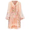 Zimmermann Dancer Blush Garden Floral Print Ruched Puff Sleeves Dress In Pink