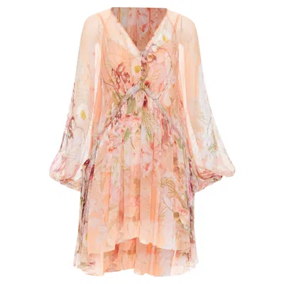 Zimmermann Dancer Blush Garden Floral Print Ruched Puff Sleeves Dress In Pink