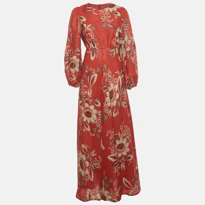 Pre-owned Zimmermann Dark Red Printed Linen Long Sleeve Maxi Dress M