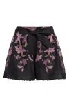 Zimmermann Dawning Belted Floral-print Linen And Silk-blend Shorts In Black Lily