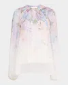 Zimmermann Multicolour Floral Top With High Neckline And Tie Detail In Dawning Billow Blouse