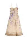 Zimmermann Dawning Belted Floral-print Linen And Silk-blend Midi Dress In Purple
