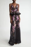 Zimmermann Dawning Bead-embellished Floral-print Linen And Silk-blend Peplum Maxi Dress In Black Lily