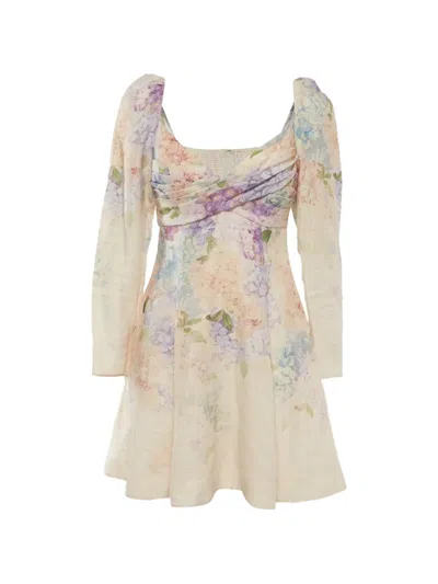 Pre-owned Zimmermann Dawning Floral-print Mini Dress In Neutrals