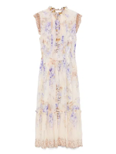 Zimmermann Lilac Floral Viscose Dawning Midi Dress In Beige