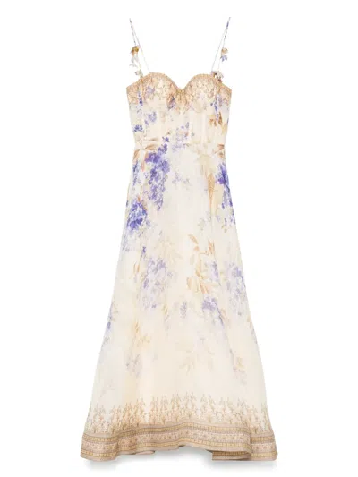 Zimmermann Beige Linen And Silk Dawning Picnic Dress In Lilacfloral