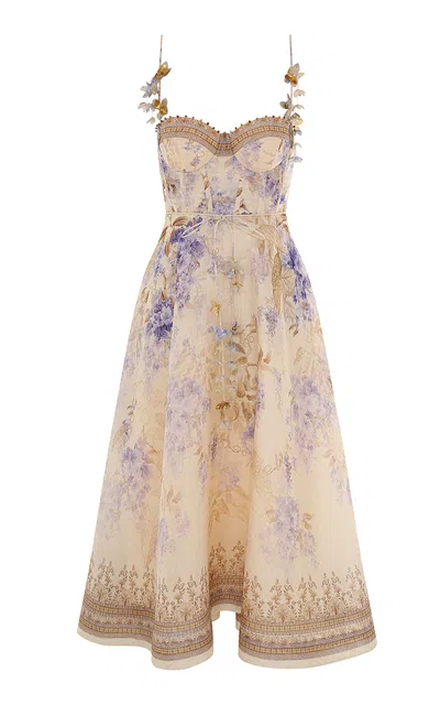 Zimmermann Beige Linen And Silk Dawning Picnic Dress In Lilacfloral