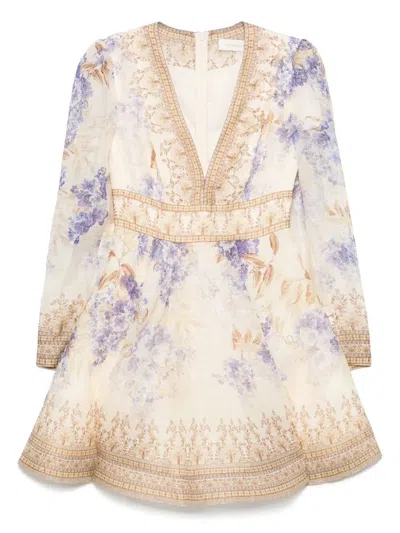 Zimmermann Dawning Plunge Printed Minidress In Purple