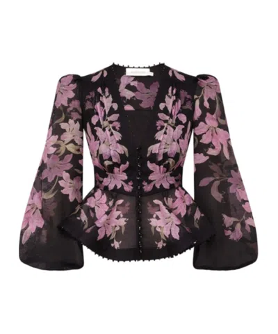 Zimmermann Dawning Beaded Linen V-neck Shirt In Black/multi