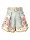 Zimmermann Daylight Multicolor Shorts With Belt On The Front And All-over Floral Motif In Linen Woman In Blue