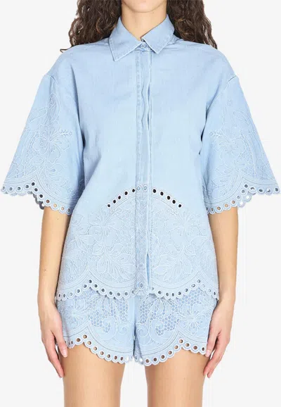 Zimmermann Womens Ice Storm Daylight Embroidered Denim Shirt In Blue