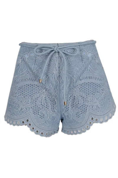 Zimmermann Daylight Scalloped Broderie Anglaise Denim Shorts In Blue