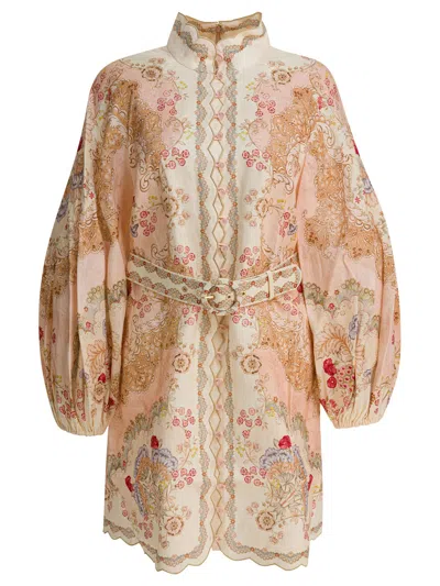 Zimmermann Linen Mini Dress With Floral Print And Scalloped Edges In Multi