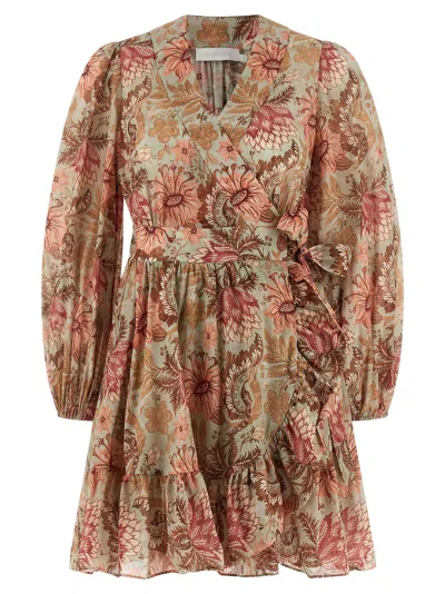 Zimmermann Daylight Mini Wrap Frill Dress Stamp Floral Sage In Brown