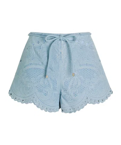 Zimmermann Daylight Embroidered Belted Denim Shorts In Blue