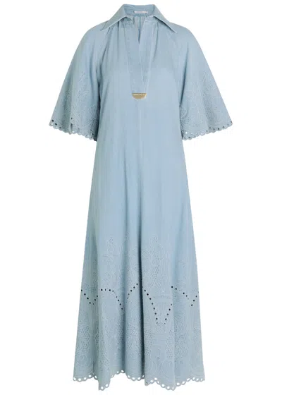 Zimmermann Daylight Embroidered Denim Midi Dress In Blue