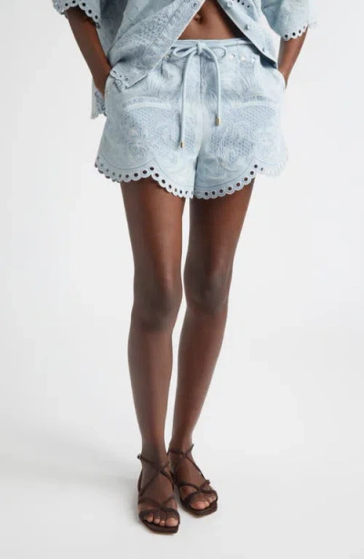 Zimmermann Daylight Embroidered Denim Shorts In Blue