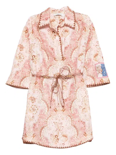 Zimmermann Daylight Belted Printed Linen Mini Dress In Pink
