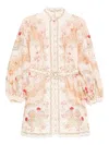 Zimmermann Daylight Multicolor Midi Dress With Long Puffed Sleeves And All-over Floral Print In Linen Woman In Neutral